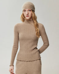 100% Cashmere Lettuce Trim Mock Neck Pullover