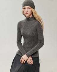 100% Cashmere Lettuce Trim Mock Neck Pullover