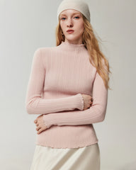 100% Cashmere Lettuce Trim Mock Neck Pullover