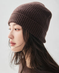 100% Cashmere Ribbed Cuffed Knit Beanie
