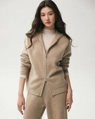 100% Cashmere Ribbed Hooded Zip-Up Cardigan