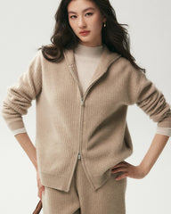 100% Cashmere Ribbed Hooded Zip-Up Cardigan