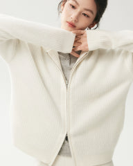 100% Cashmere Ribbed Hooded Zip-Up Cardigan