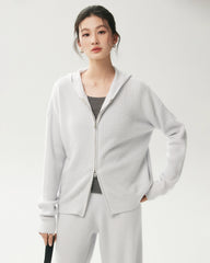 100% Cashmere Ribbed Hooded Zip-Up Cardigan