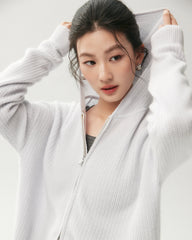 100% Cashmere Ribbed Hooded Zip-Up Cardigan