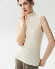 100% Cashmere Sleeveless Mock Neck Ribbed Top
