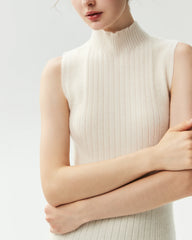 100% Cashmere Sleeveless Mock Neck Ribbed Top