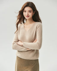 100% Cashmere V-Neck Ribbed Knit Sweater