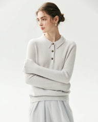 100% Pure Cashmere Collared Long Sleeve Knit Top
