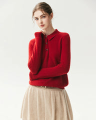 100% Pure Cashmere Collared Long Sleeve Knit Top