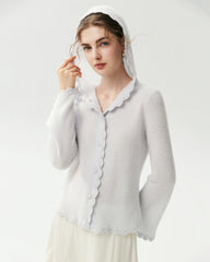 100% Pure Cashmere Crochet-Trim Hooded Cardigan
