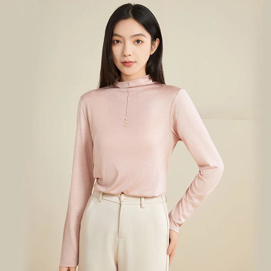 100% Silk Mock-Neck Top, Pink