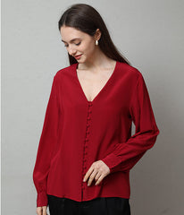 Deep V-Neck Long Sleeve Women Silk Blouse
