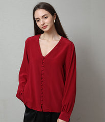 Deep V-Neck Long Sleeve Women Silk Blouse