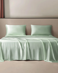 Luxurious 3-piece Silk Bedding Set Including Flat Sheet and Pillowcases, Light Green