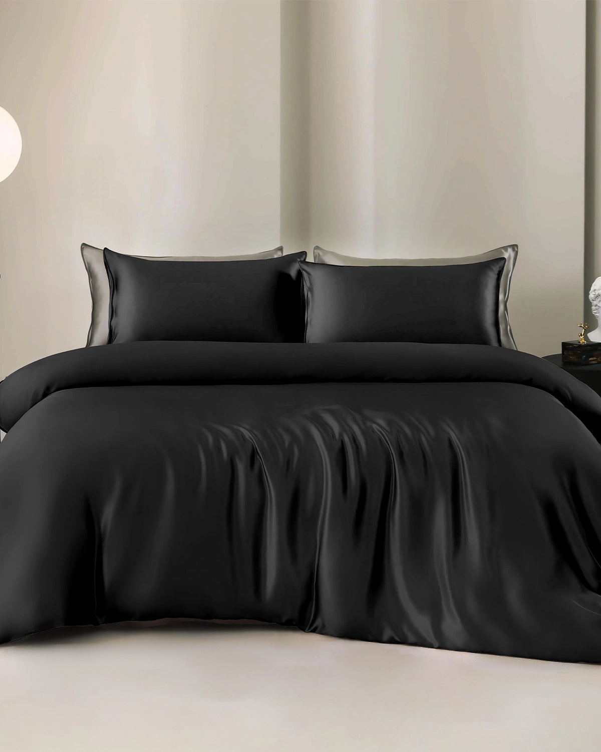 Luxurious 4-piece Silk Bedding Set Including Duvet Cover and Flat Sheet, Black