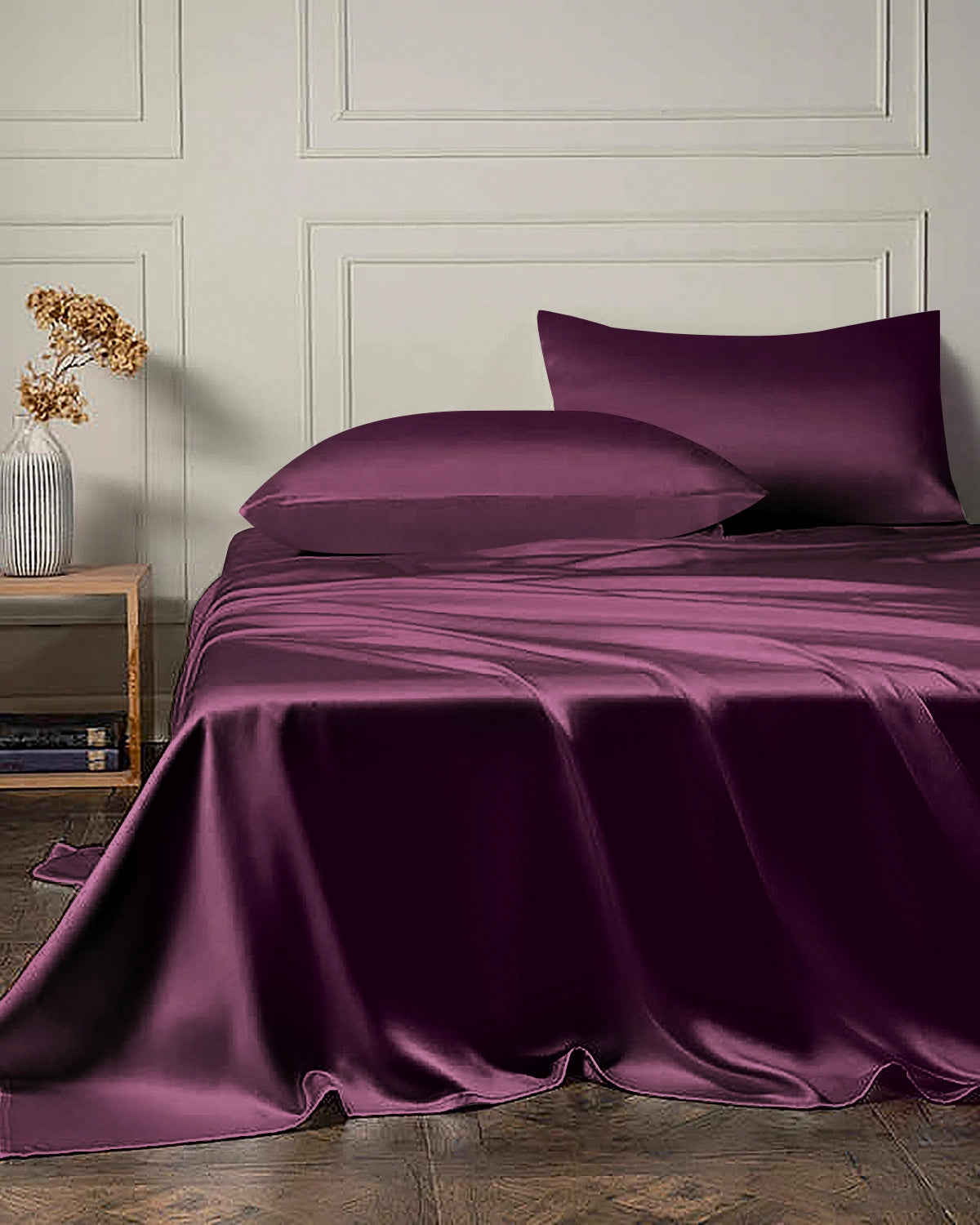 Luxurious 4-piece Silk Bedding Set Including Fat and Fitted Sheets, Dark Purple