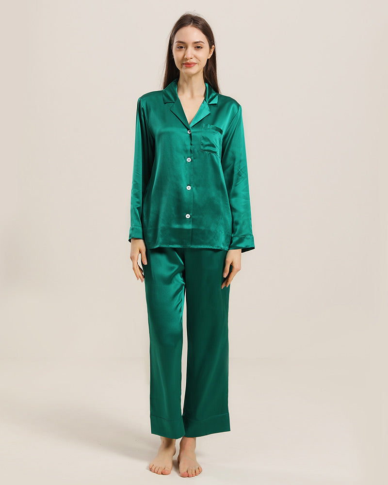 Women's Silk Two Piece Pajamas, Dark Green