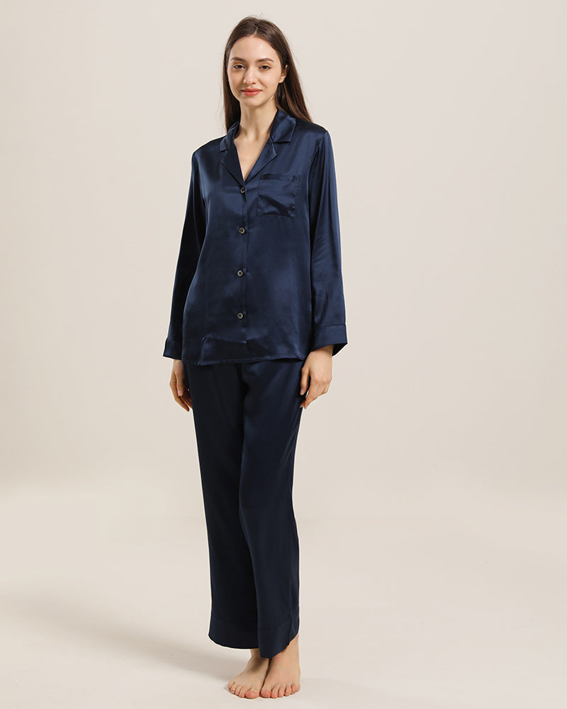 Women's Silk Two Piece Pajamas, Navy