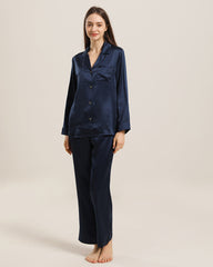 Women's Silk Two Piece Pajamas, Navy