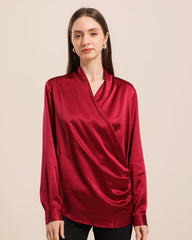 Long-Sleeve V-Neck Wrap Silk Shirt