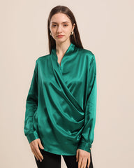 Long-Sleeve V-Neck Wrap Silk Shirt