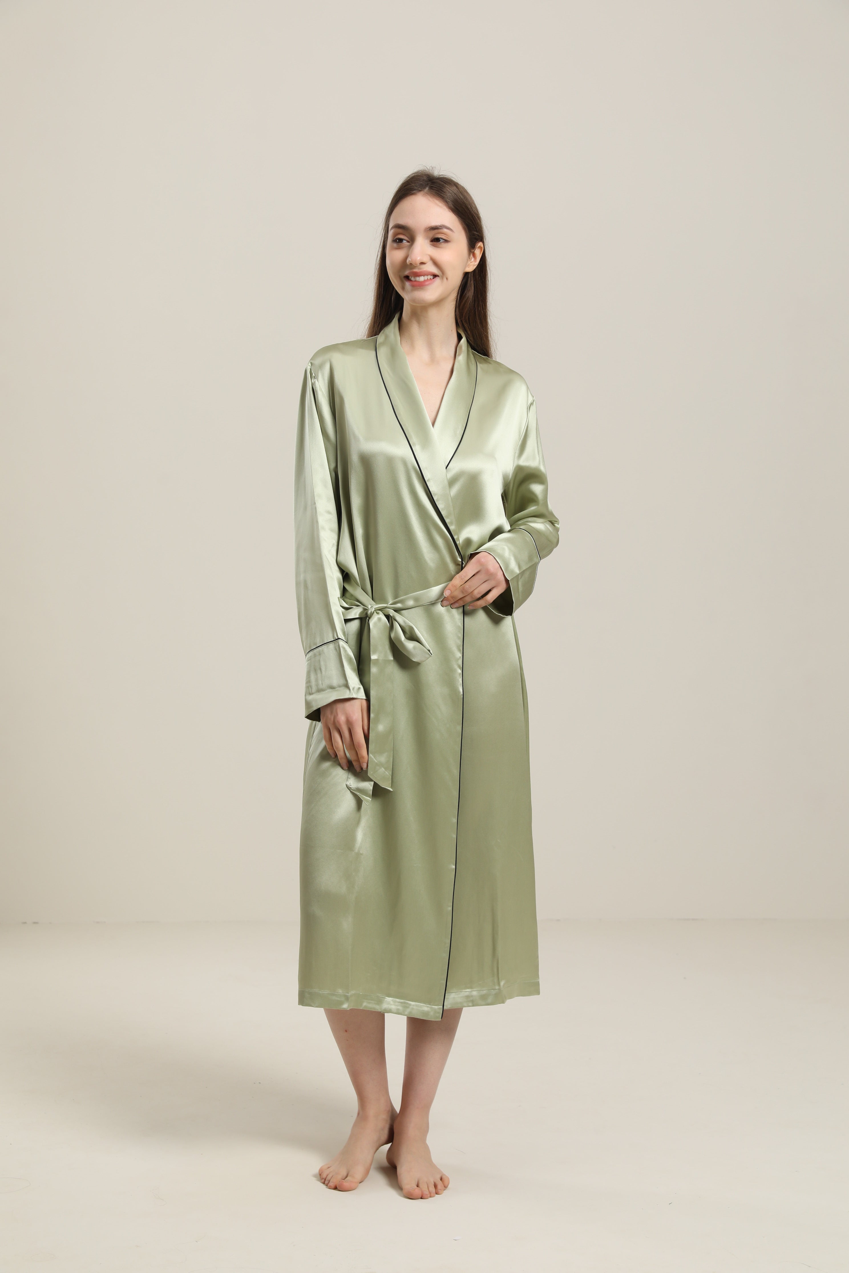 22 Momme Contra Trim And Full Length Silk Robe, Avocado Green