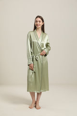 22 Momme Contra Trim And Full Length Silk Robe, Avocado Green