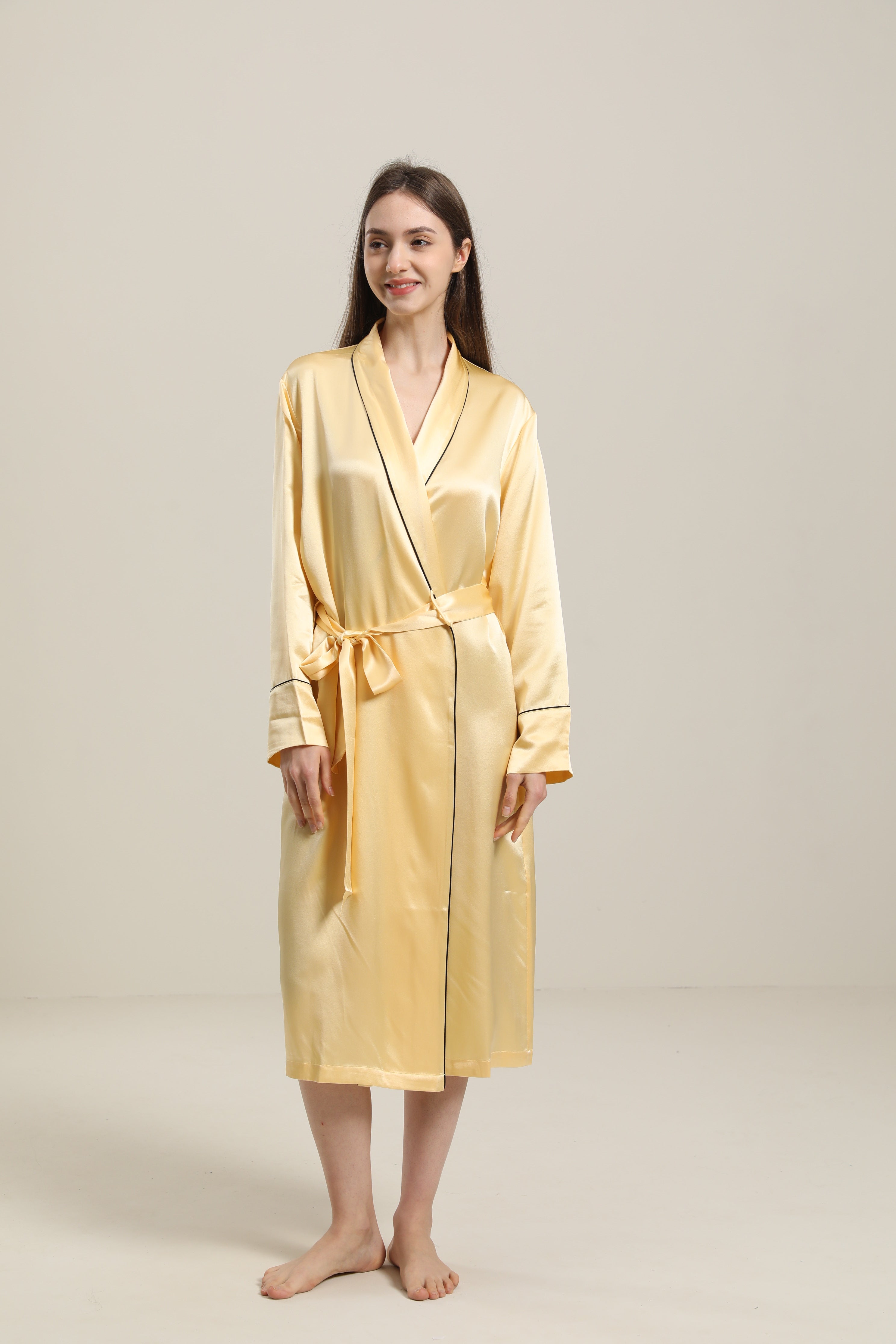 22 Momme Contra Trim And Full Length Silk Robe, Gold