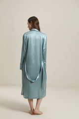22 Momme Contra Trim And Full Length Silk Robe, Haze Blue