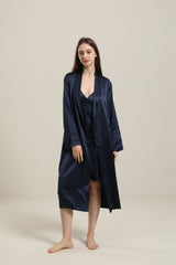 22 Momme Contra Trim And Full Length Silk Robe, Navy
