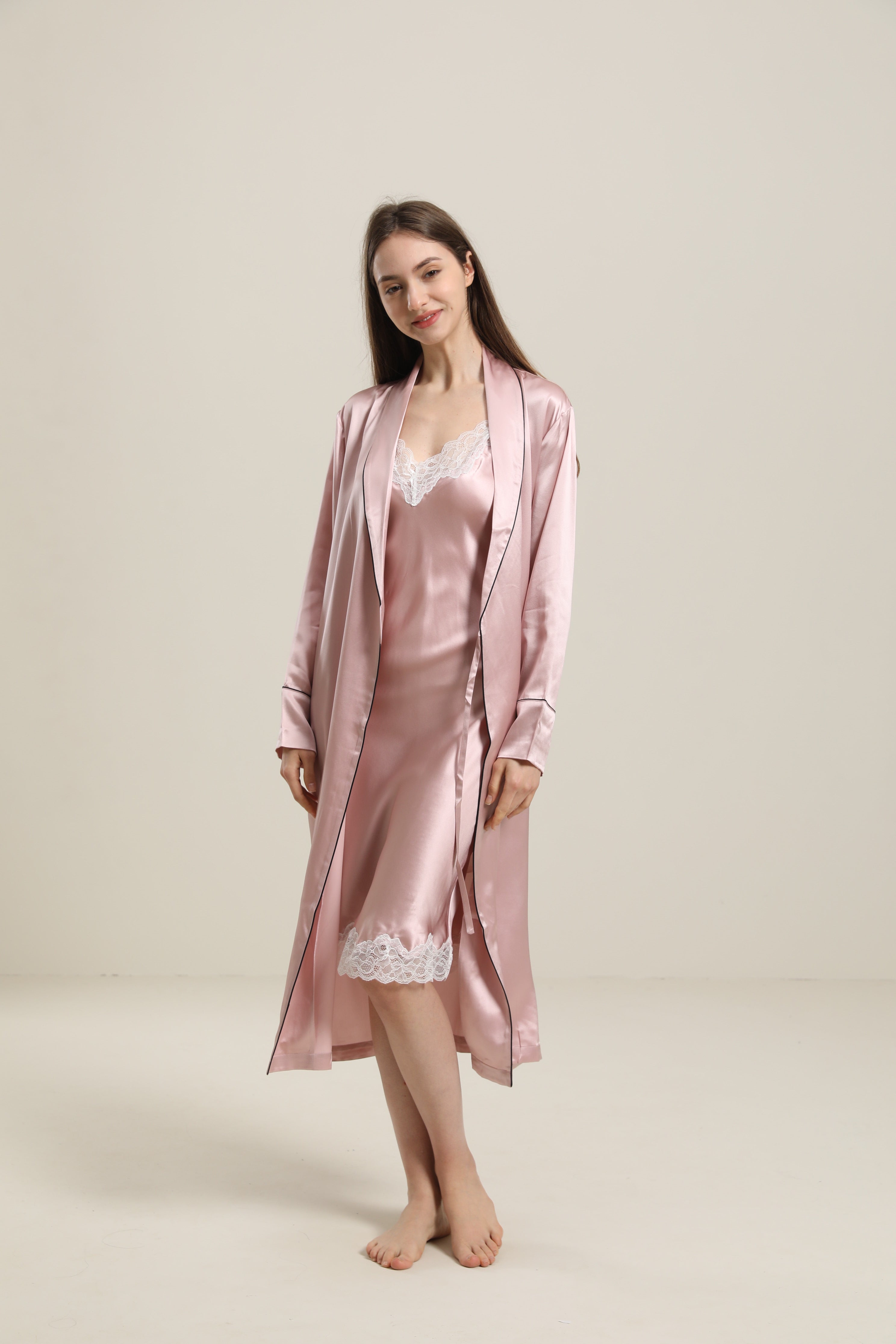 22 Momme Contra Trim And Full Length Silk Robe, Pink