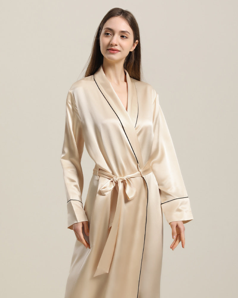 22 Momme Contra Trim And Full Length Silk Robe, Champagne