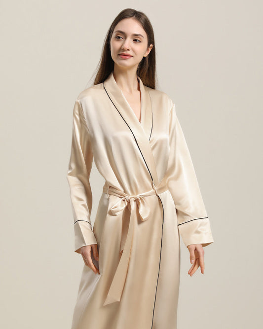 22 Momme Contra Trim And Full Length Silk Robe, Champagne
