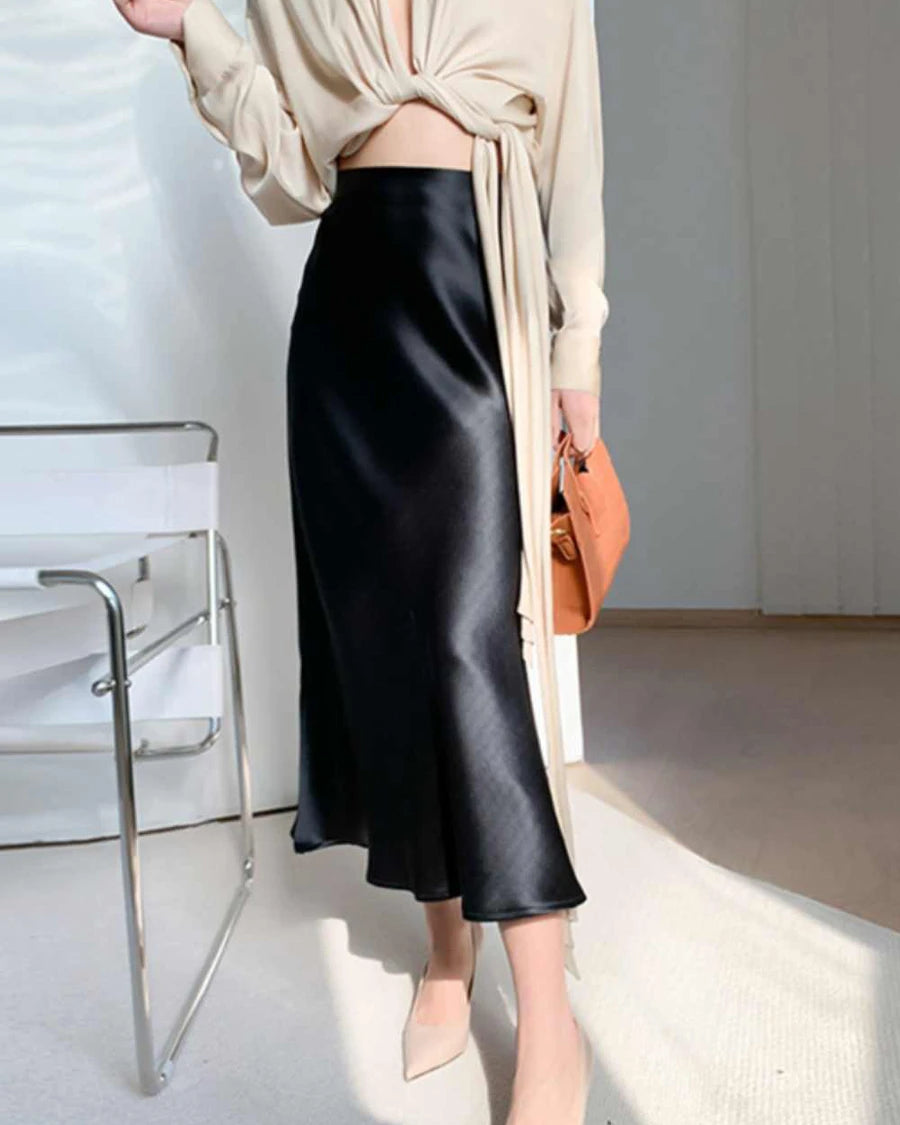 Versatile Silk Midi Skirts with Elastic Waistband, Black