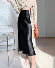 Versatile Silk Midi Skirts with Elastic Waistband, Black