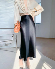 Versatile Silk Midi Skirts with Elastic Waistband, Black