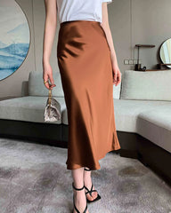 Versatile Silk Midi Skirts with Elastic Waistband, Brown