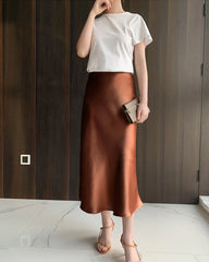 Versatile Silk Midi Skirts with Elastic Waistband, Brown