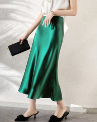 Versatile Silk Midi Skirts with Elastic Waistband, Dark Green