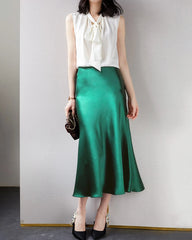Versatile Silk Midi Skirts with Elastic Waistband, Dark Green