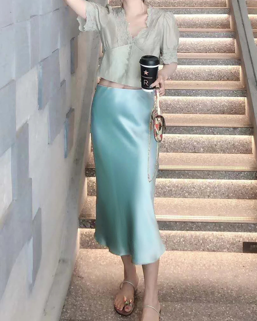 Versatile Silk Midi Skirts with Elastic Waistband, Haze Blue