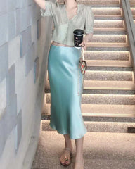Versatile Silk Midi Skirts with Elastic Waistband, Haze Blue