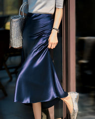 Versatile Silk Midi Skirts with Elastic Waistband, Navy