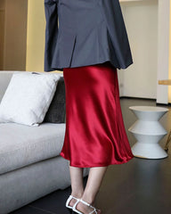 Versatile Silk Midi Skirts with Elastic Waistband, Red