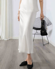 Versatile Silk Midi Skirts with Elastic Waistband, White
