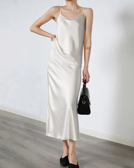 Versatile Silk Midi Skirts with Elastic Waistband, White