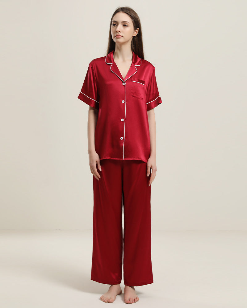 Short Sleeve Silk Pajamas Set, Burgundy