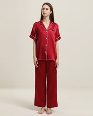 Short Sleeve Silk Pajamas Set, Burgundy