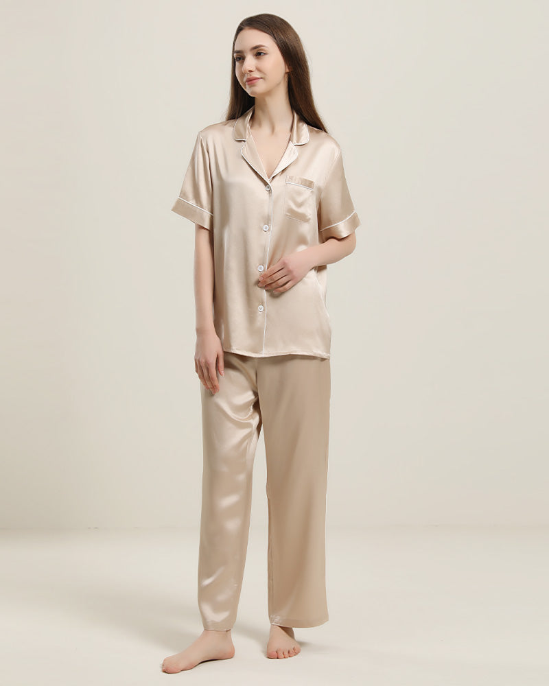Short Sleeve Silk Pajamas Set, Champagne